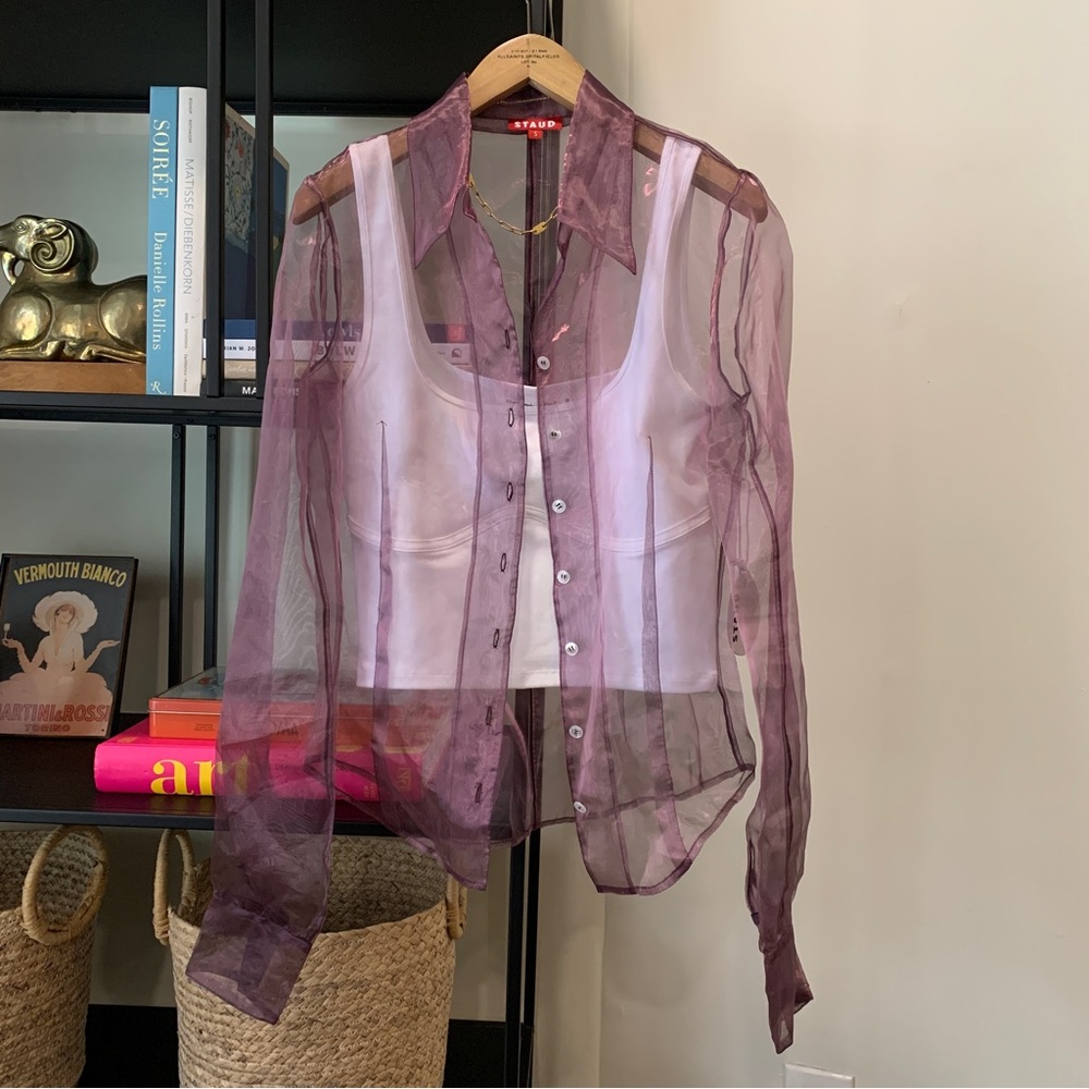 STAUD Hendrix Organza Sheer Purple Button Down